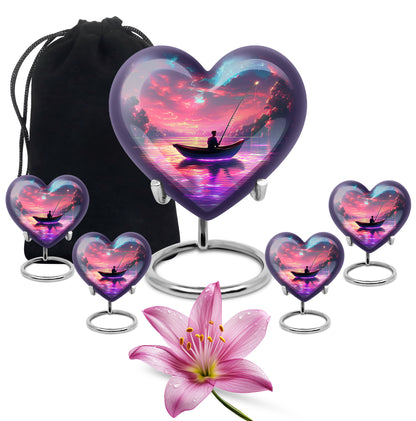 Peony Pink Fishing Cremation Urn close-up of engraving and surface detail - loving heart memorial featuring fishing pattern - memorial set with one large and four small urns