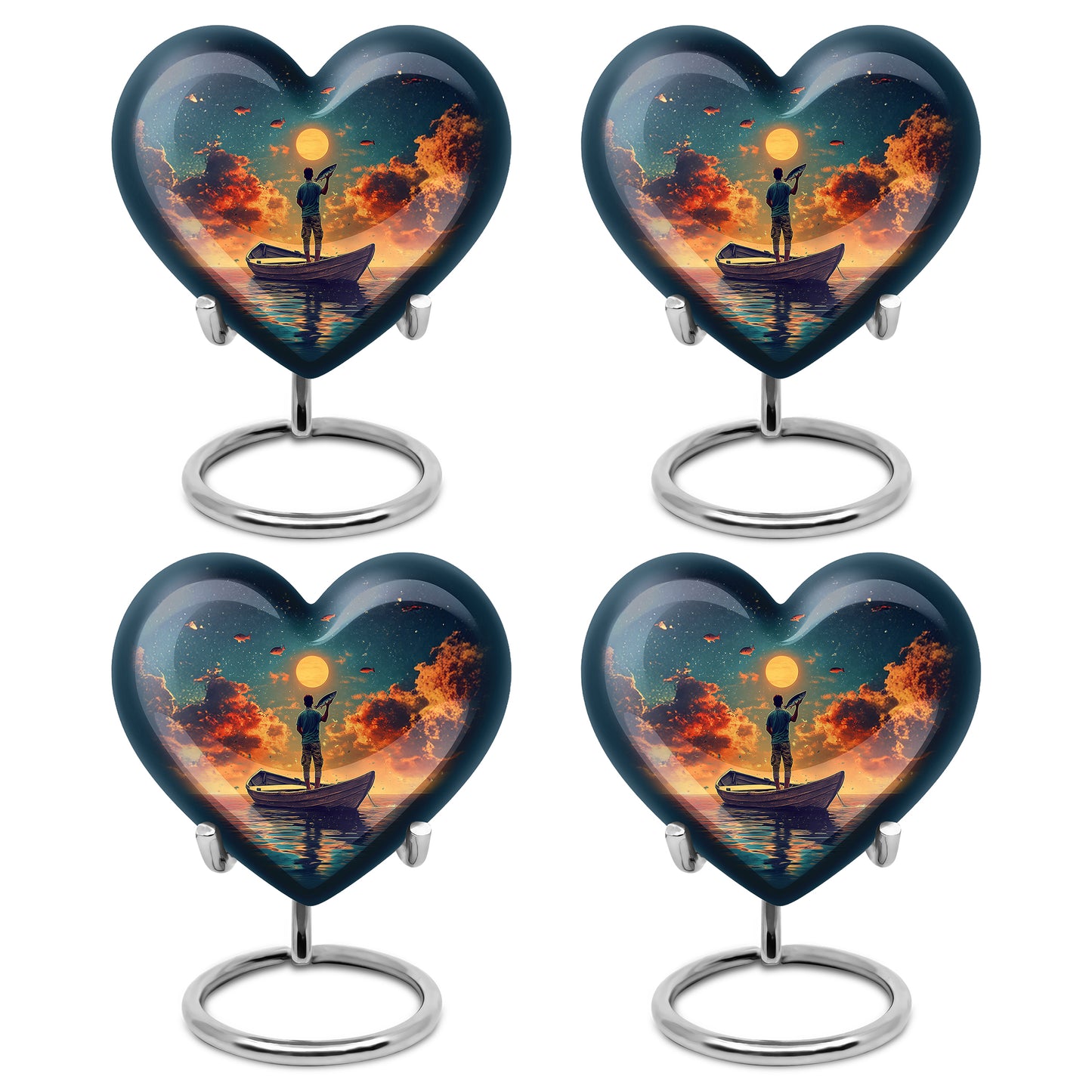 Ocean Teal Fishing Cremation Urn angled view of lid and engraved motif - heart-shaped fishing design symbolizing eternal love - 10 inch aluminum urn for cremated remains