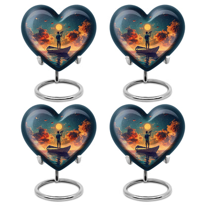 Ocean Teal Fishing Cremation Urn angled view of lid and engraved motif - heart-shaped fishing design symbolizing eternal love - 10 inch aluminum urn for cremated remains