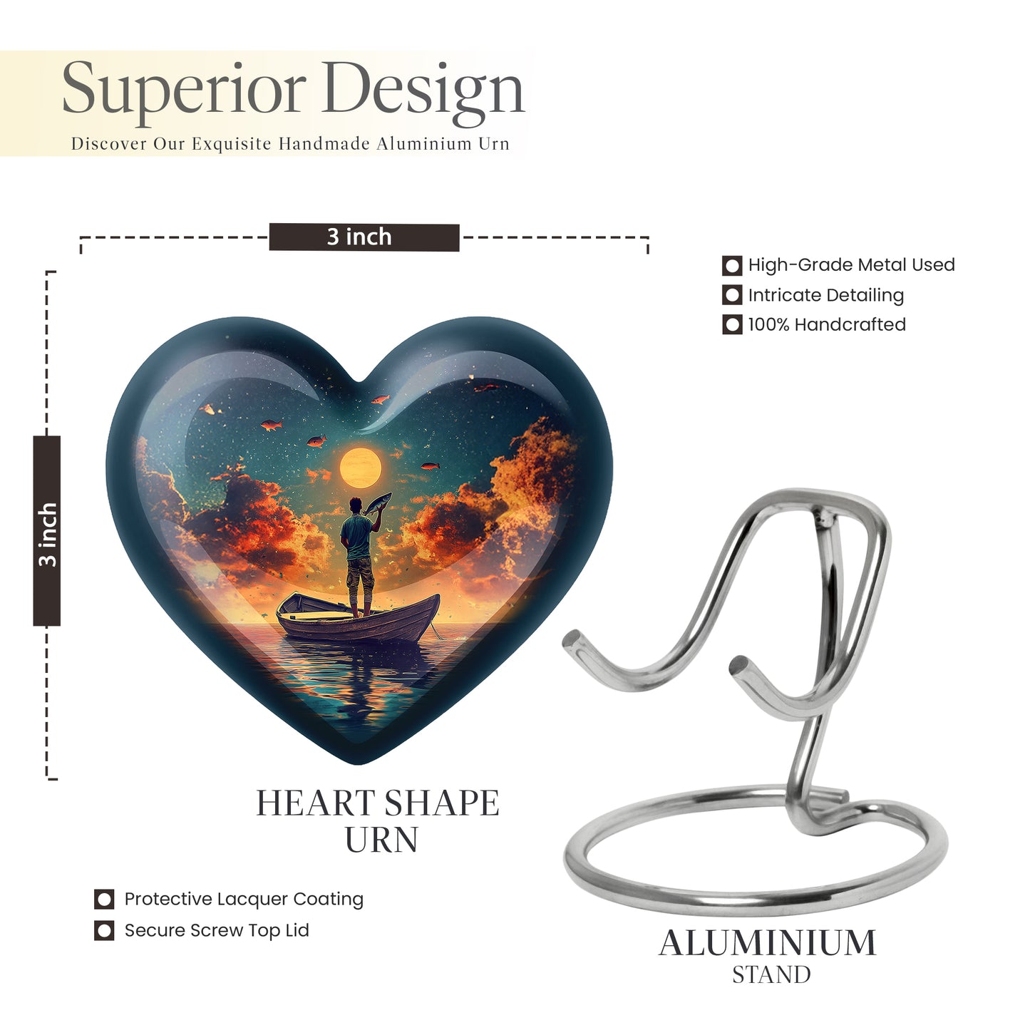 Aqua Teal Fishing Cremation Urn front view showing detailed design - romantic heart urn with fishing motif on aluminum - mini keepsake memorial for portion of cremation ashes
