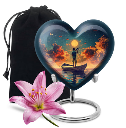 Sea Green Teal Fishing Cremation Urn detail view - loving heart memorial featuring fishing pattern - full-size 10 inch 200 cubic inch adult cremation urn