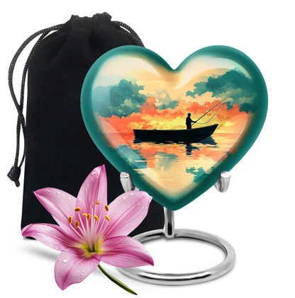 Champagne Gold Fishing Cremation Urn detail view - heart-shaped fishing design symbolizing eternal love - full-size 10 inch 200 cubic inch adult cremation urn