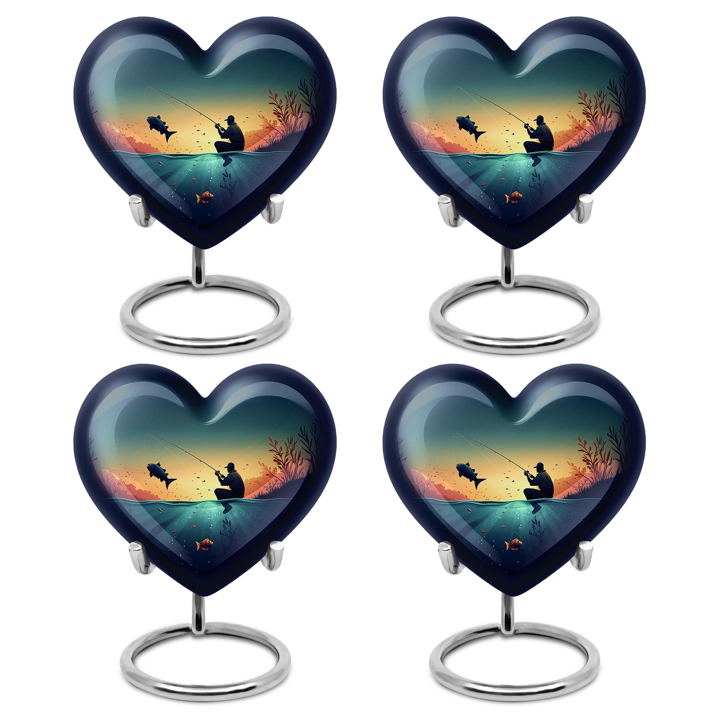Cool Teal Fishing Cremation Urn angled view of lid and engraved motif - heart-shaped fishing design symbolizing eternal love - 10 inch aluminum urn for cremated remains