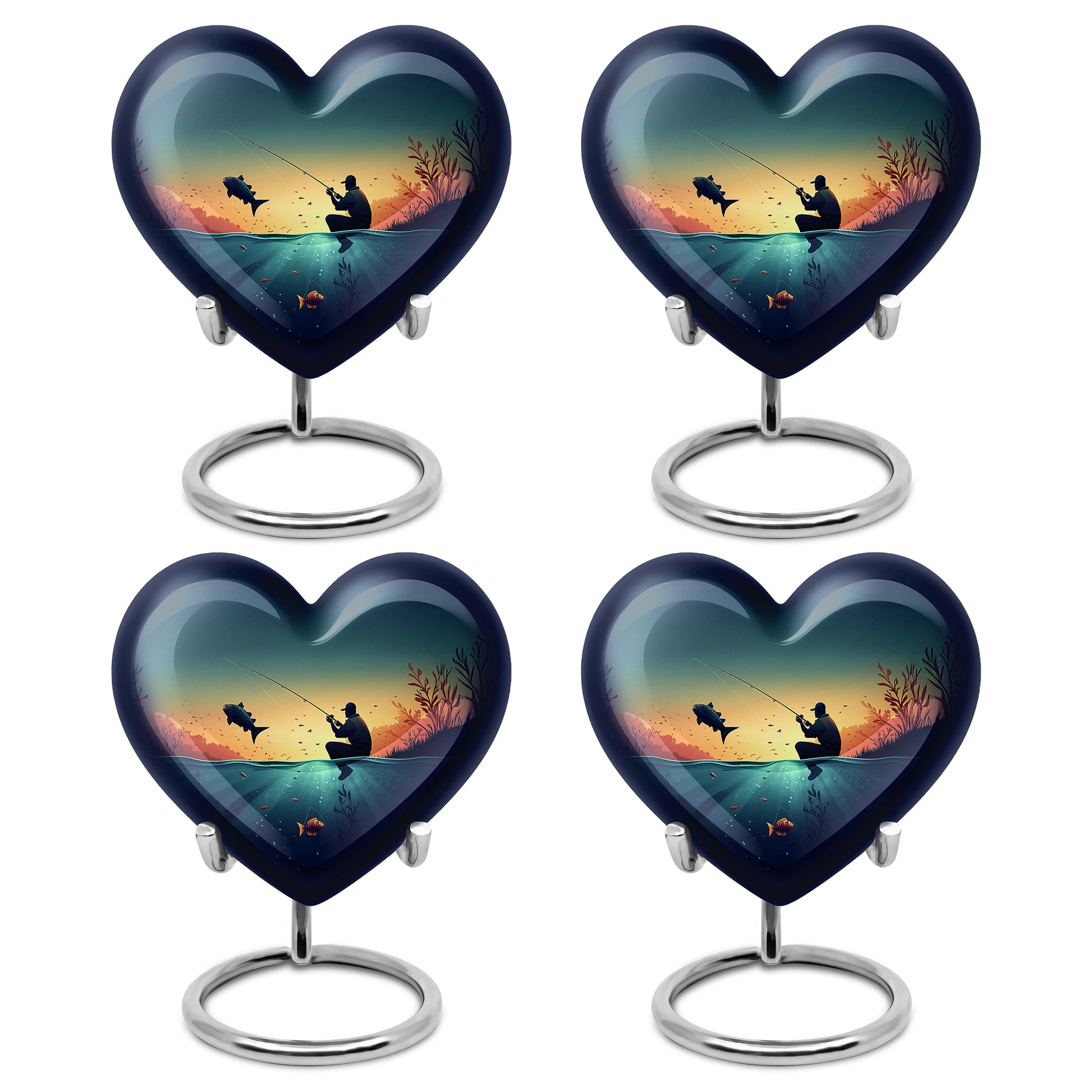 Cool Teal Fishing Cremation Urn angled view of lid and engraved motif - heart-shaped fishing design symbolizing eternal love - 10 inch aluminum urn for cremated remains