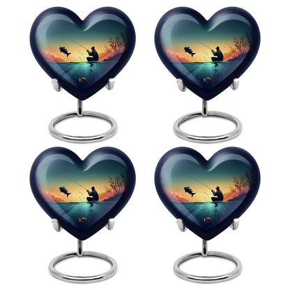 Cool Teal Fishing Cremation Urn angled view of lid and engraved motif - heart-shaped fishing design symbolizing eternal love - 10 inch aluminum urn for cremated remains