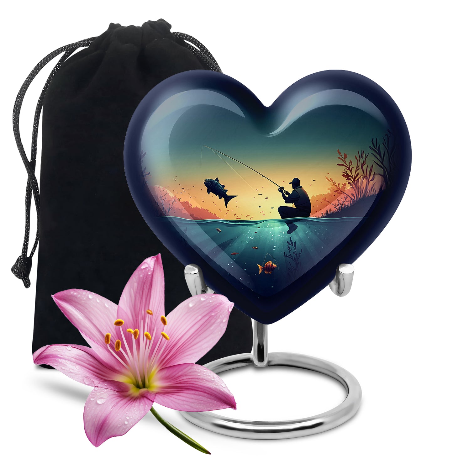 Mystic Teal Fishing Cremation Urn detail view - compassionate heart-fishing combination with gentle curves - full-size 10 inch 200 cubic inch adult cremation urn