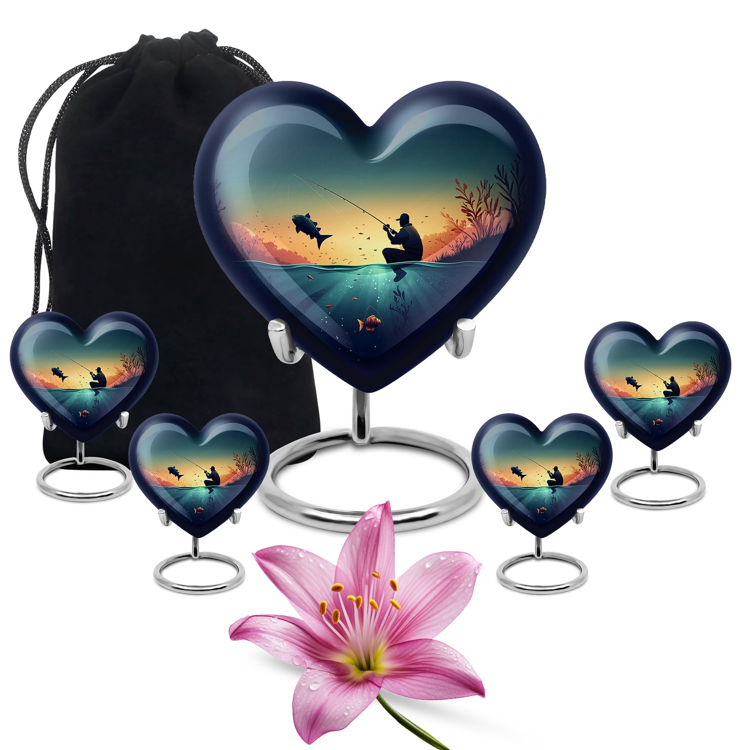 Sea Green Teal Fishing Cremation Urn close-up of engraving and surface detail - heart-shaped fishing design symbolizing eternal love - memorial set with one large and four small urns