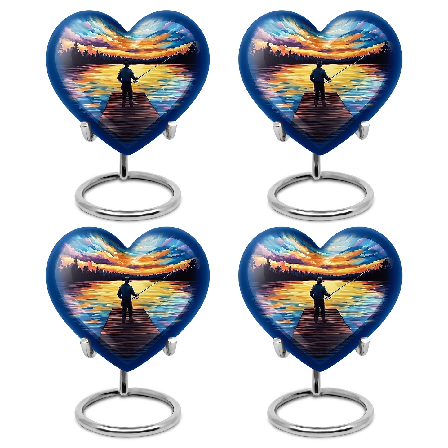 Calming Blue Fishing Cremation Urn angled view of lid and engraved motif - compassionate heart-fishing combination with gentle curves - 10 inch aluminum urn for cremated remains