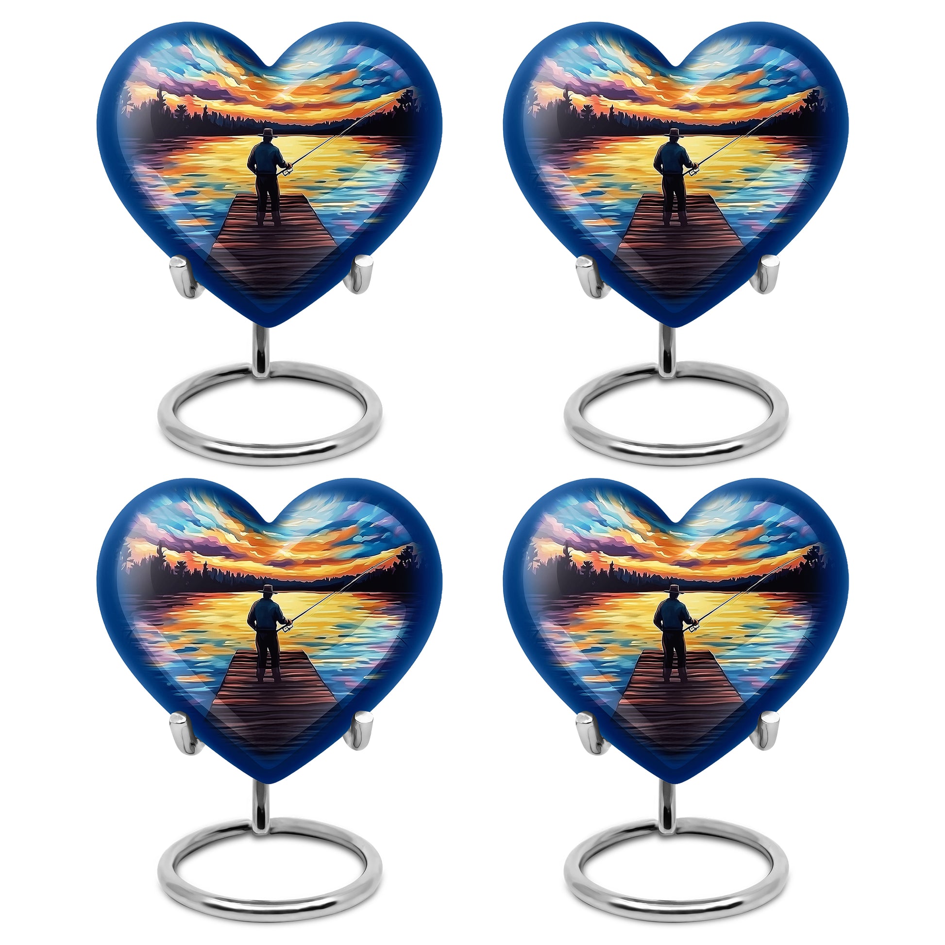 Calming Blue Fishing Cremation Urn angled view of lid and engraved motif - compassionate heart-fishing combination with gentle curves - 10 inch aluminum urn for cremated remains