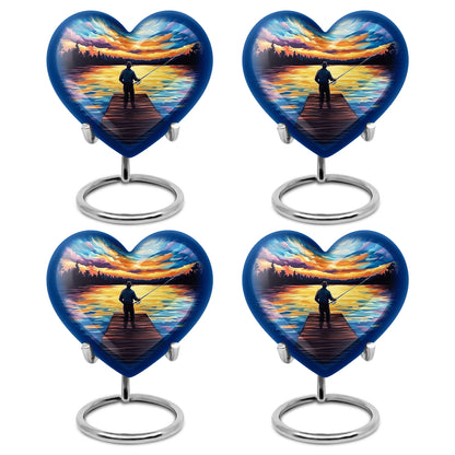 Calming Blue Fishing Cremation Urn angled view of lid and engraved motif - compassionate heart-fishing combination with gentle curves - 10 inch aluminum urn for cremated remains