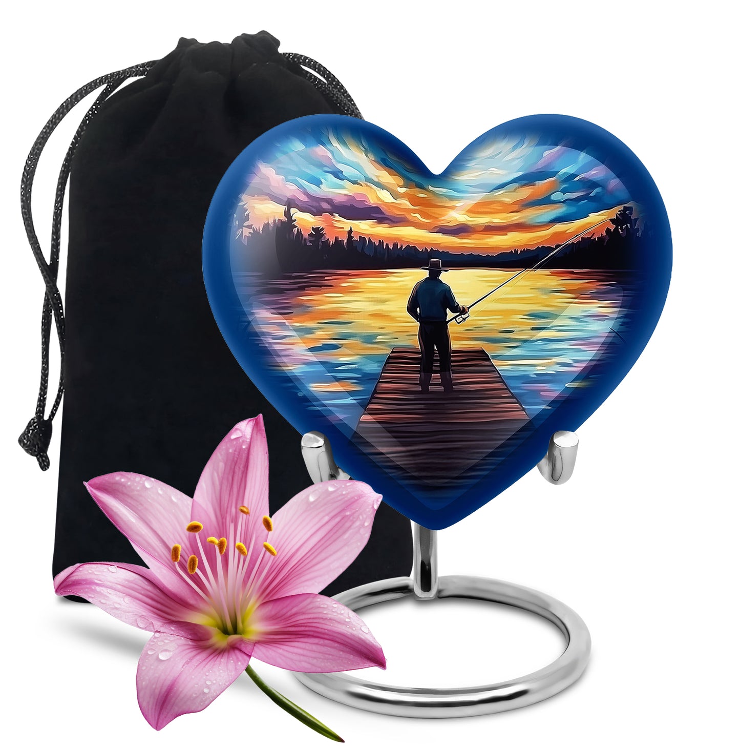 Misty Blue Fishing Cremation Urn detail view - loving heart memorial featuring fishing pattern - full-size 10 inch 200 cubic inch adult cremation urn