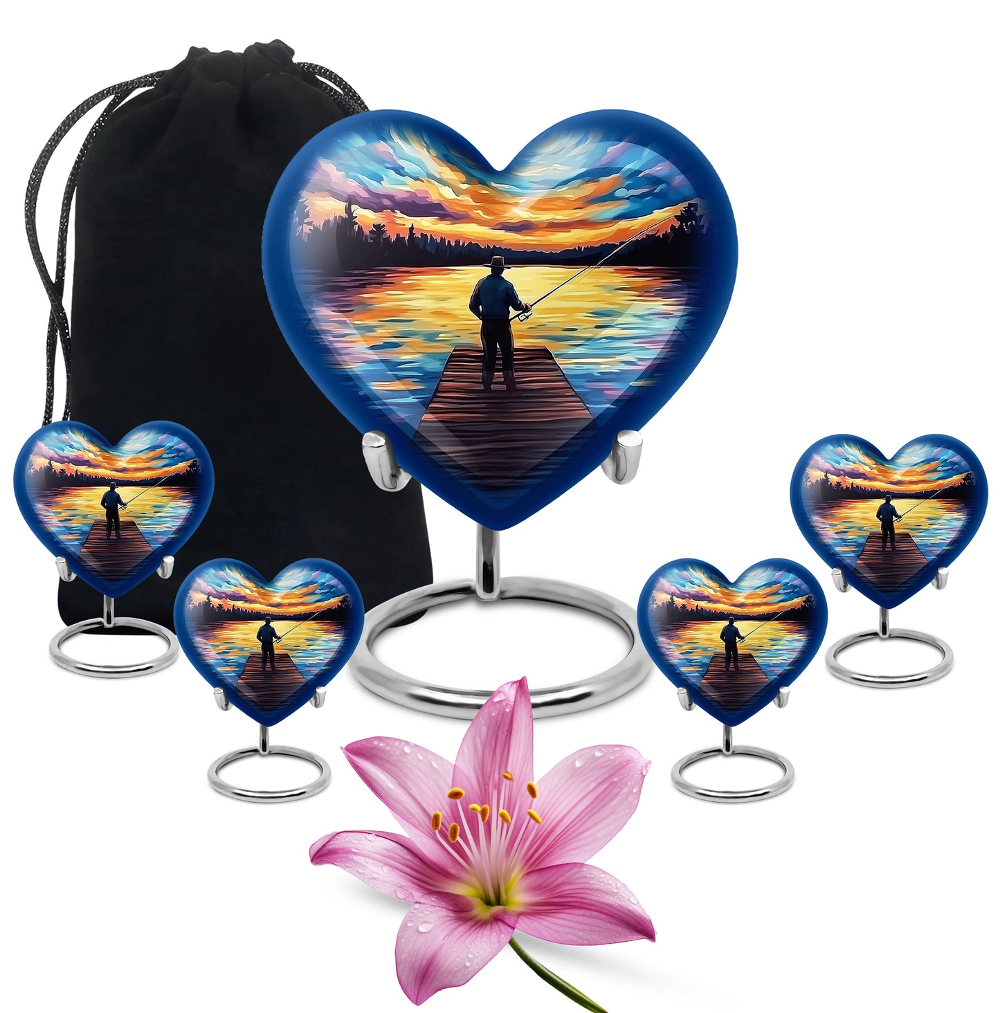 Powder Blue Fishing Cremation Urn close-up of engraving and surface detail - heart-shaped fishing design symbolizing eternal love - memorial set with one large and four small urns