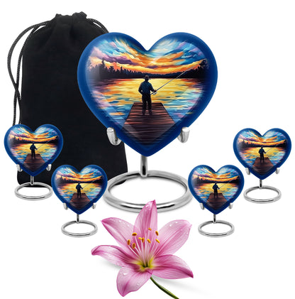 Powder Blue Fishing Cremation Urn close-up of engraving and surface detail - heart-shaped fishing design symbolizing eternal love - memorial set with one large and four small urns