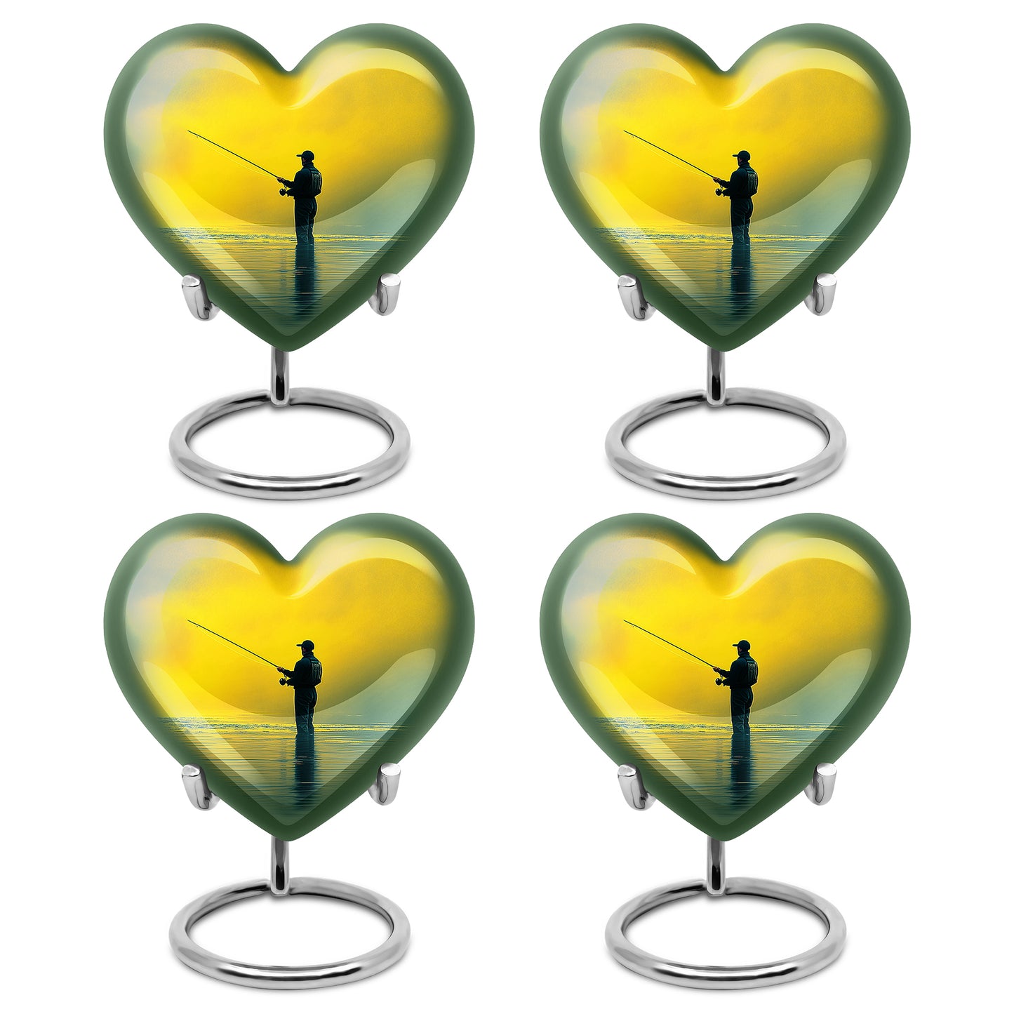 Sunrise Gold Fishing Cremation Urn angled view of lid and engraved motif - heart-shaped fishing design symbolizing eternal love - 10 inch aluminum urn for cremated remains