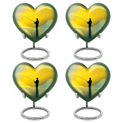 Sunrise Gold Fishing Cremation Urn angled view of lid and engraved motif - heart-shaped fishing design symbolizing eternal love - 10 inch aluminum urn for cremated remains