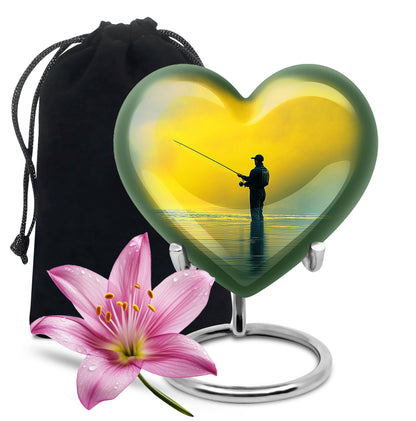 Sunrise Gold Fishing Cremation Urn detail view - heart-shaped fishing design symbolizing eternal love - full-size 10 inch 200 cubic inch adult cremation urn