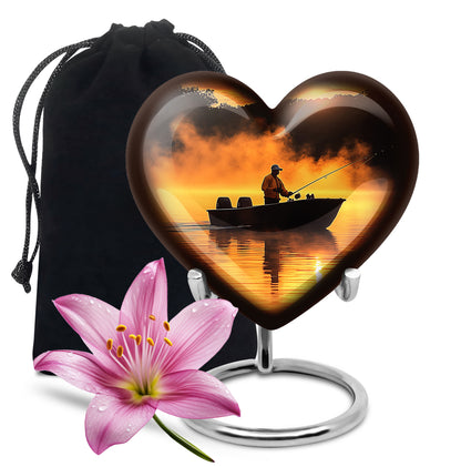 Cherry Red Fishing Cremation Urn detail view - romantic heart urn with fishing motif on aluminum - full-size 10 inch 200 cubic inch adult cremation urn