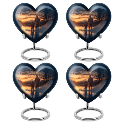 Vivid Blue Fishing Cremation Urn angled view of lid and engraved motif - compassionate heart-fishing combination with gentle curves - 10 inch aluminum urn for cremated remains