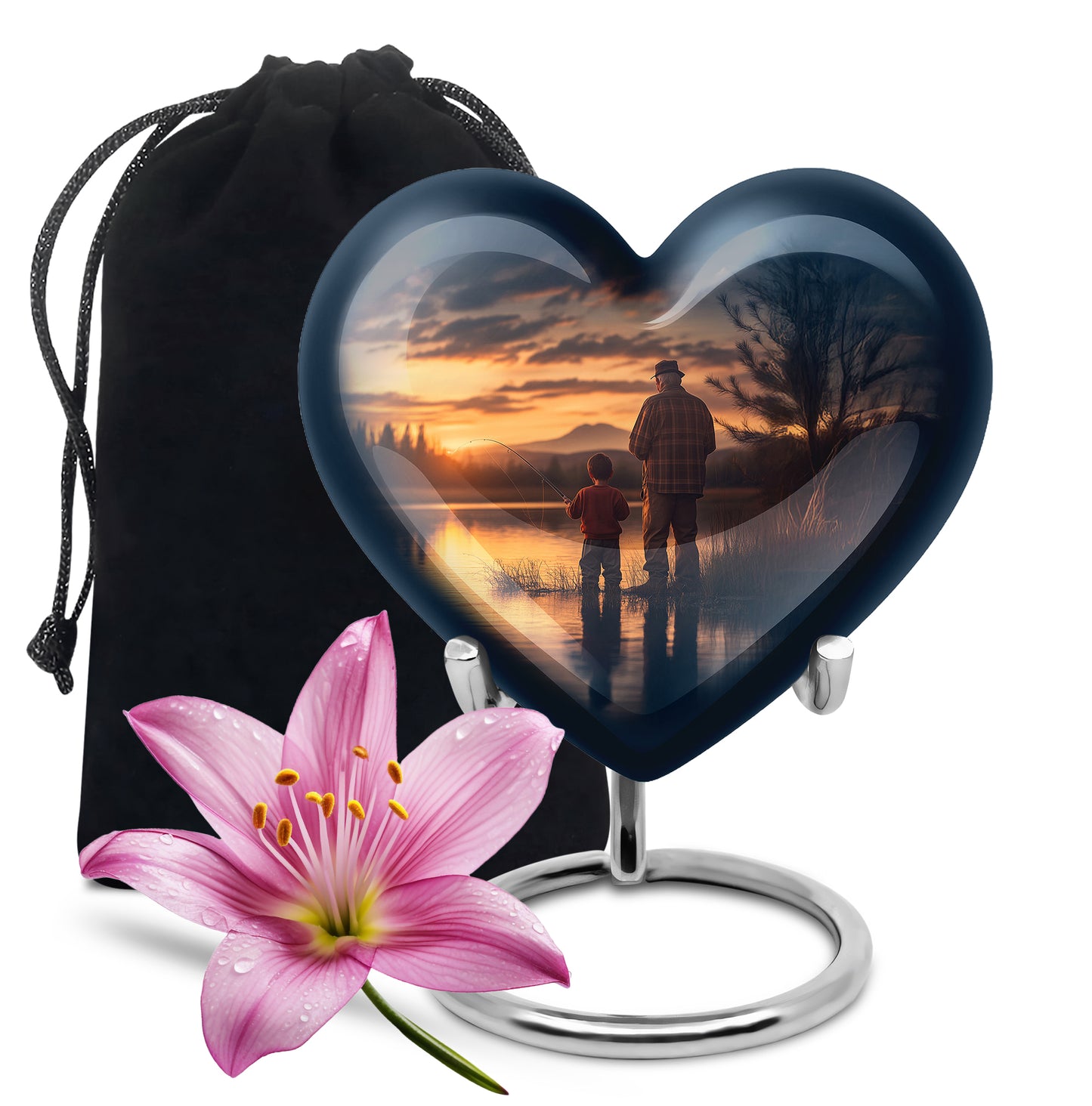 Cornflower Blue Fishing Cremation Urn detail view - romantic heart urn with fishing motif on aluminum - full-size 10 inch 200 cubic inch adult cremation urn