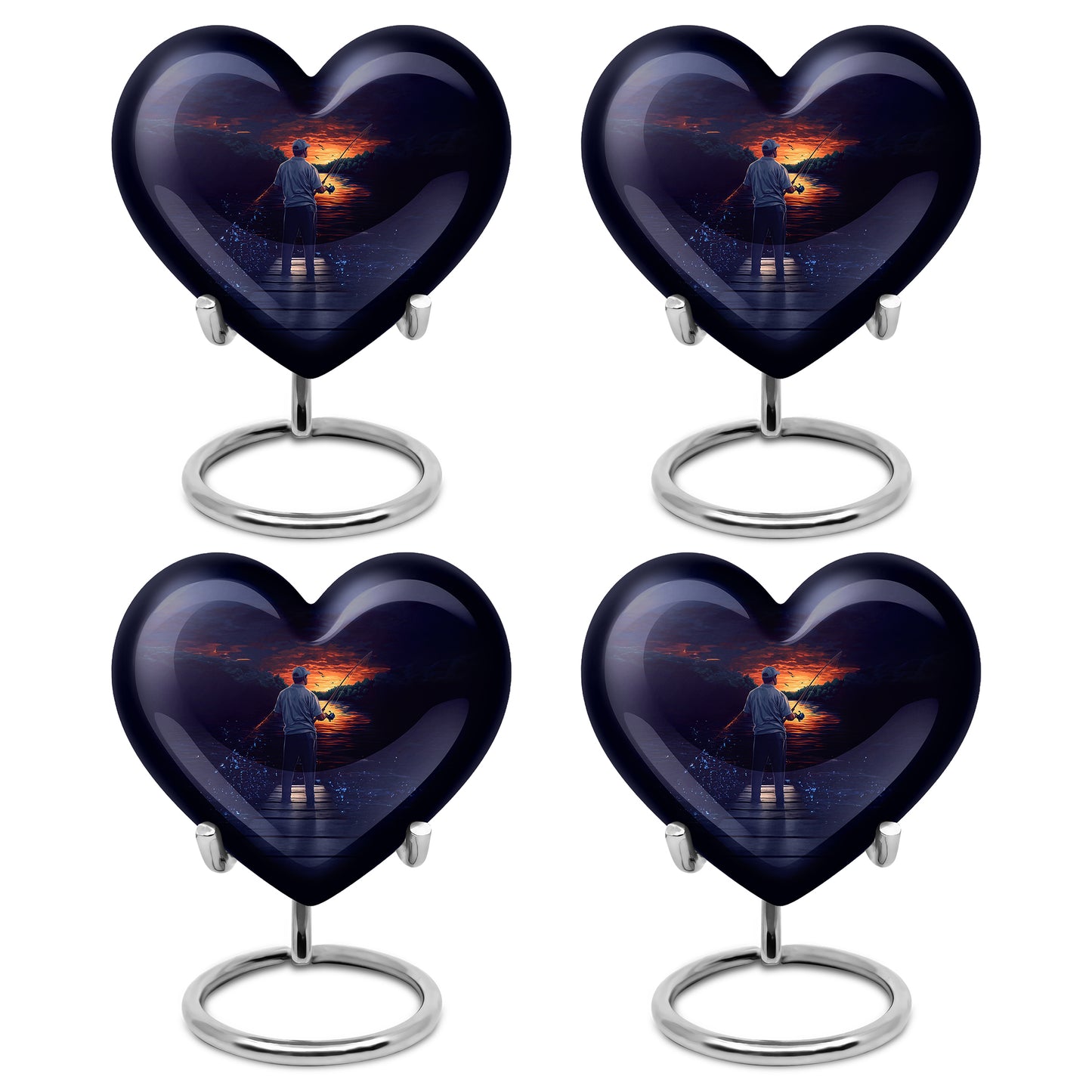 Navy Blue Fishing Cremation Urn angled view of lid and engraved motif - heart-shaped fishing design symbolizing eternal love - 10 inch aluminum urn for cremated remains