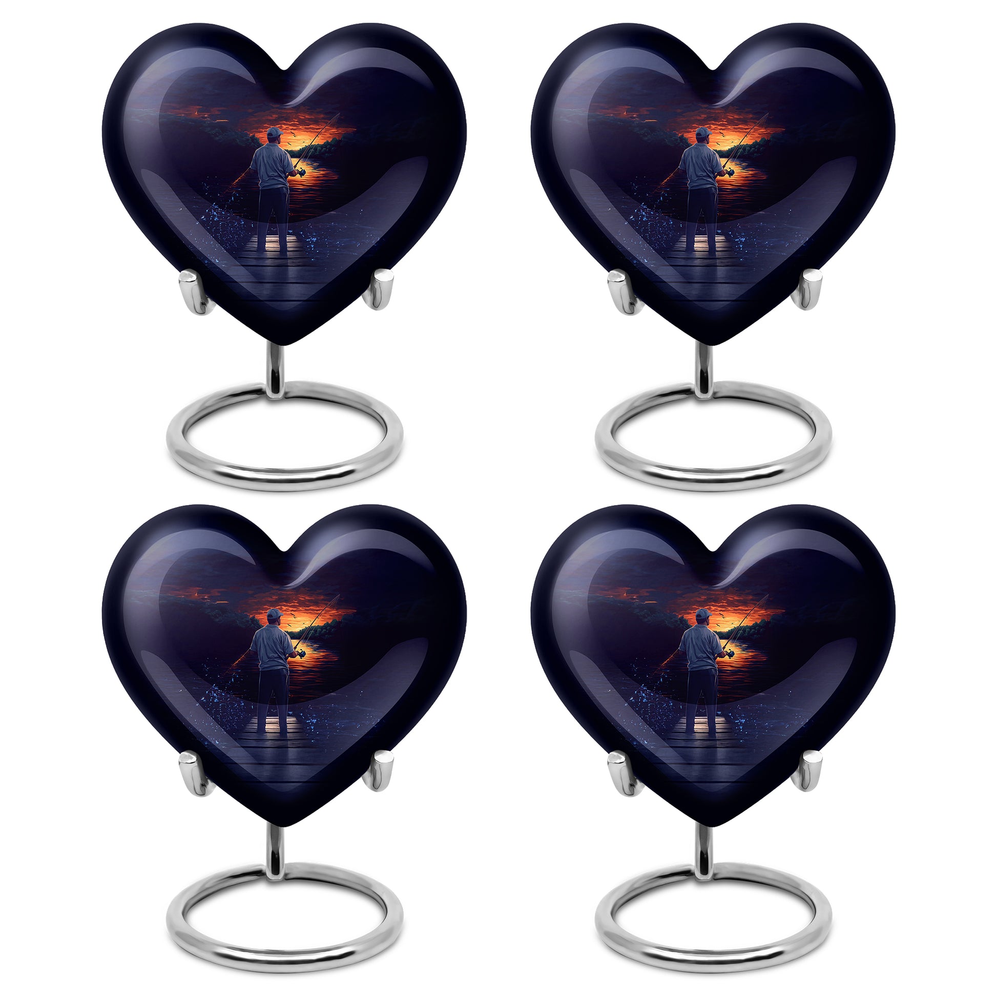 Navy Blue Fishing Cremation Urn angled view of lid and engraved motif - heart-shaped fishing design symbolizing eternal love - 10 inch aluminum urn for cremated remains