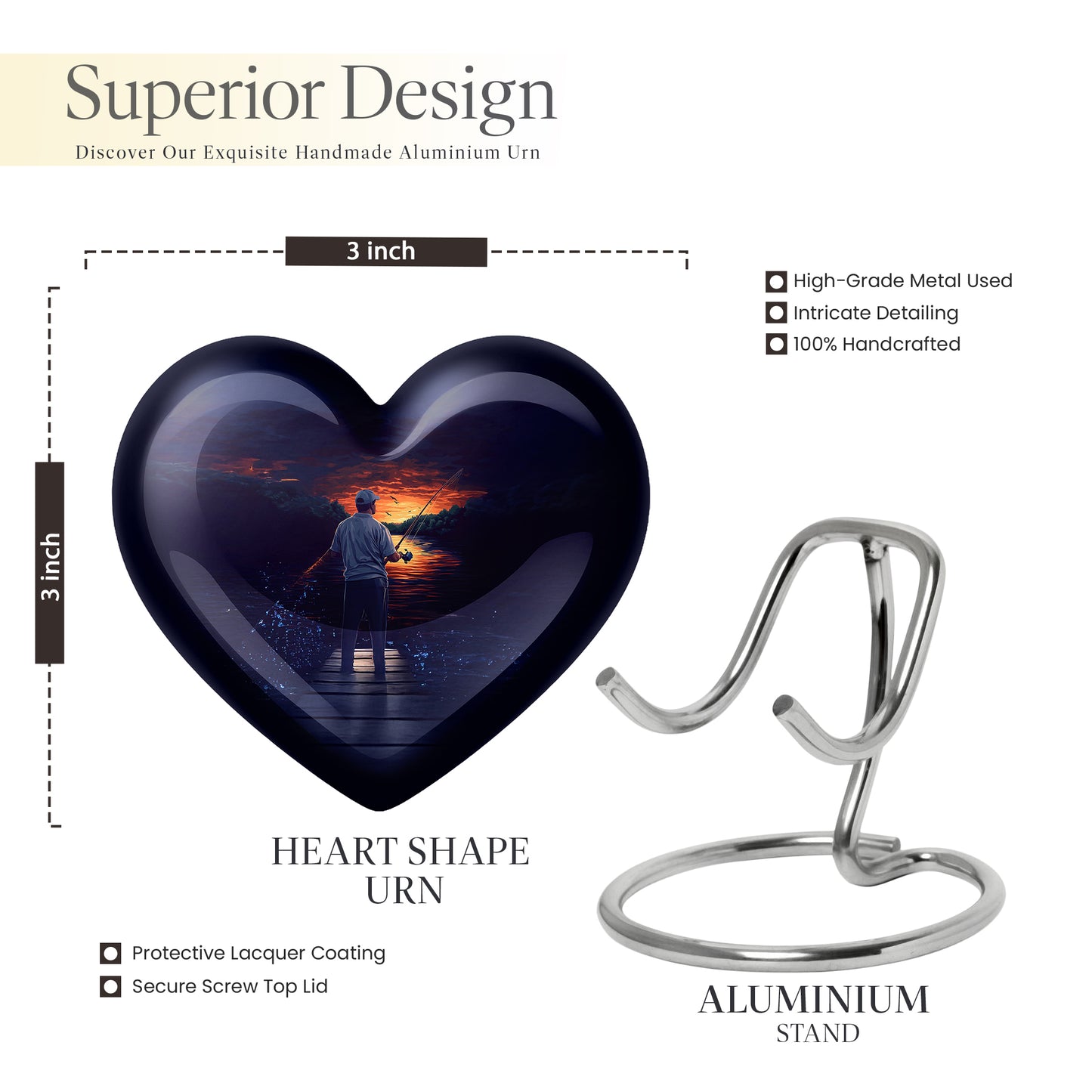 Indigo Fishing Cremation Urn front view showing detailed design - heart-shaped fishing design symbolizing eternal love - mini keepsake memorial for portion of cremation ashes