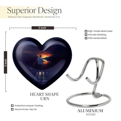 Indigo Fishing Cremation Urn front view showing detailed design - heart-shaped fishing design symbolizing eternal love - mini keepsake memorial for portion of cremation ashes