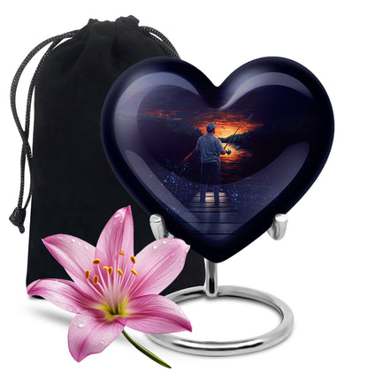 Indigo Fishing Cremation Urn detail view - heart-shaped fishing design symbolizing eternal love - full-size 10 inch 200 cubic inch adult cremation urn