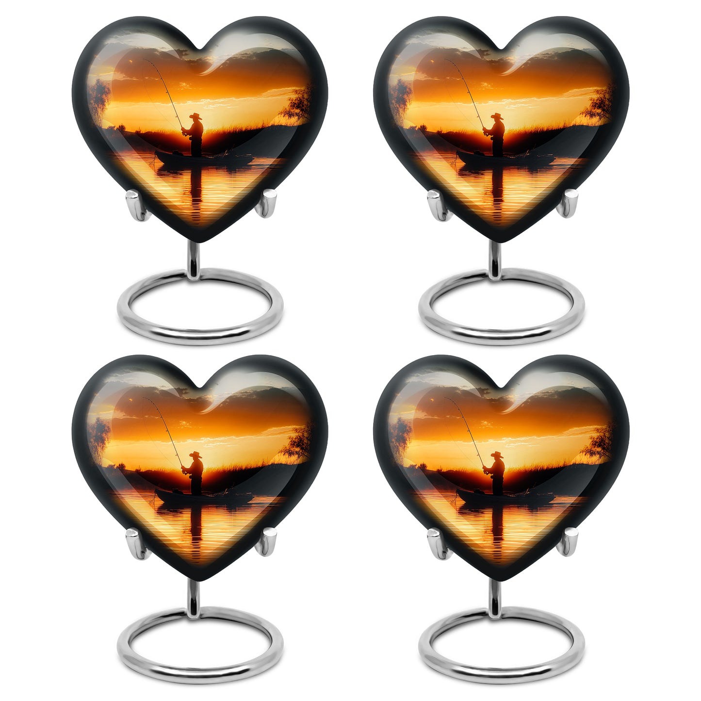 Antique Gold Fishing Cremation Urn angled view of lid and engraved motif - heart-shaped fishing design symbolizing eternal love - 10 inch aluminum urn for cremated remains