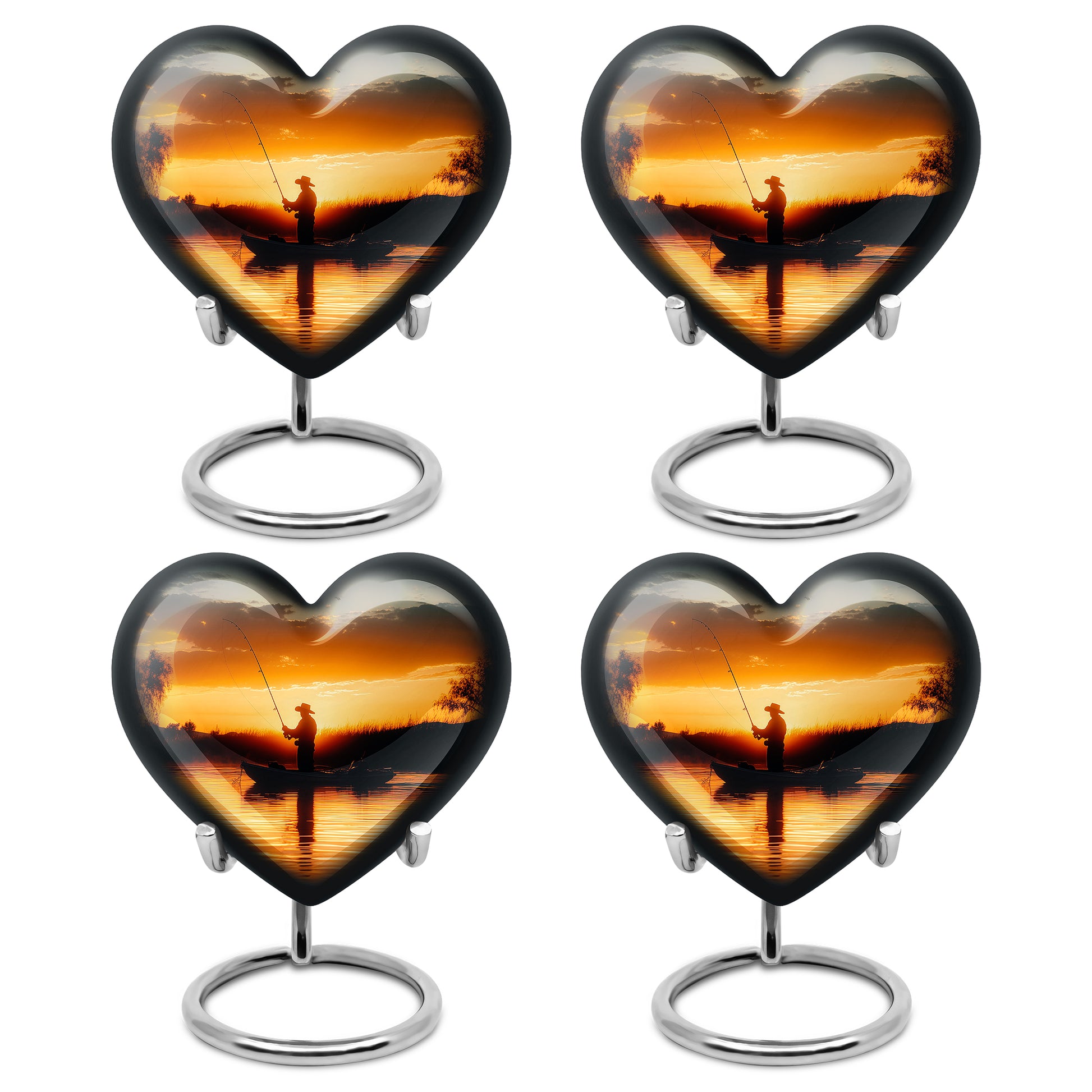 Antique Gold Fishing Cremation Urn angled view of lid and engraved motif - heart-shaped fishing design symbolizing eternal love - 10 inch aluminum urn for cremated remains