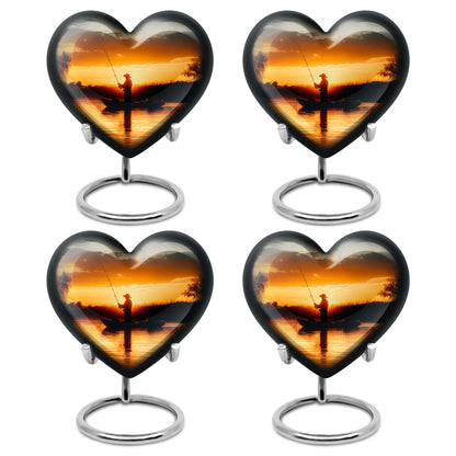Antique Gold Fishing Cremation Urn angled view of lid and engraved motif - heart-shaped fishing design symbolizing eternal love - 10 inch aluminum urn for cremated remains