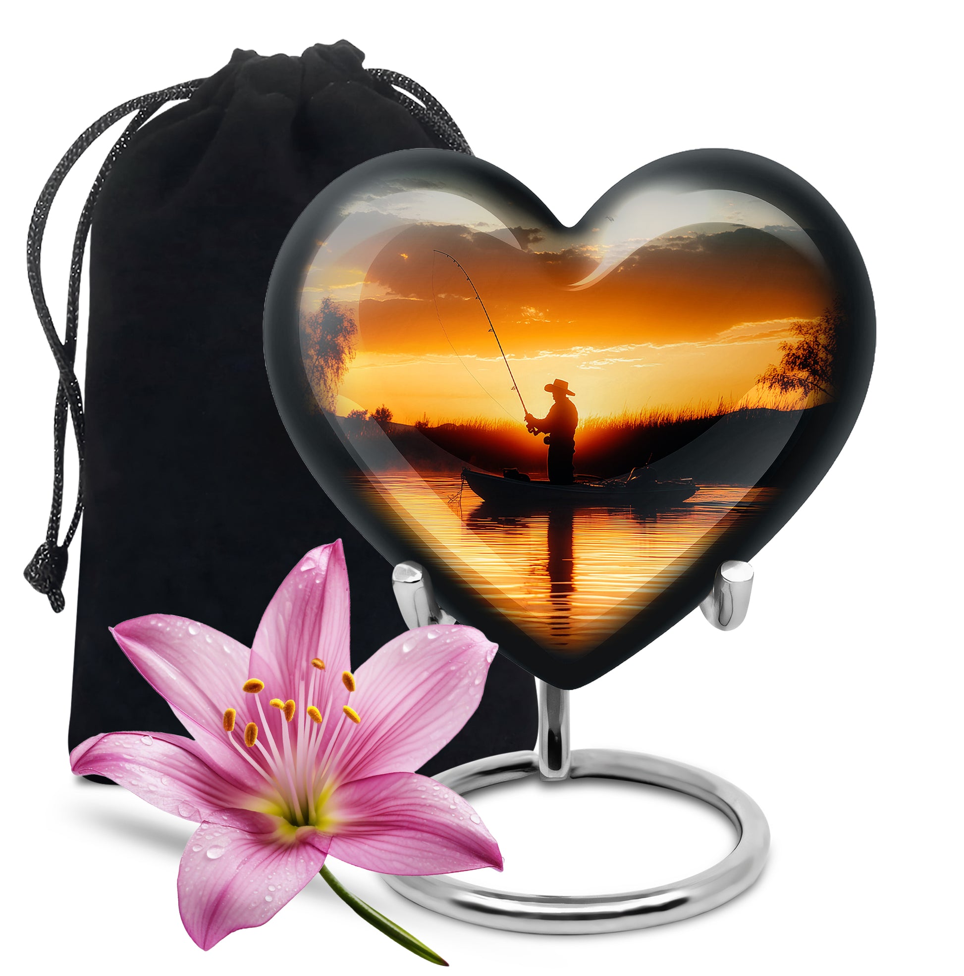 Burnished Gold Fishing Cremation Urn detail view - compassionate heart-fishing combination with gentle curves - full-size 10 inch 200 cubic inch adult cremation urn