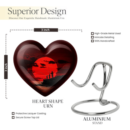 Ruby Red Fishing Cremation Urn front view showing detailed design - romantic heart urn with fishing motif on aluminum - mini keepsake memorial for portion of cremation ashes