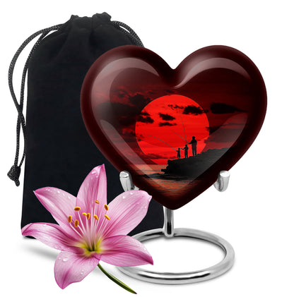 Deep Red Fishing Cremation Urn detail view - heart-shaped fishing design symbolizing eternal love - full-size 10 inch 200 cubic inch adult cremation urn