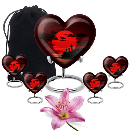 Cherry Red Fishing Cremation Urn close-up of engraving and surface detail - compassionate heart-fishing combination with gentle curves - memorial set with one large and four small urns