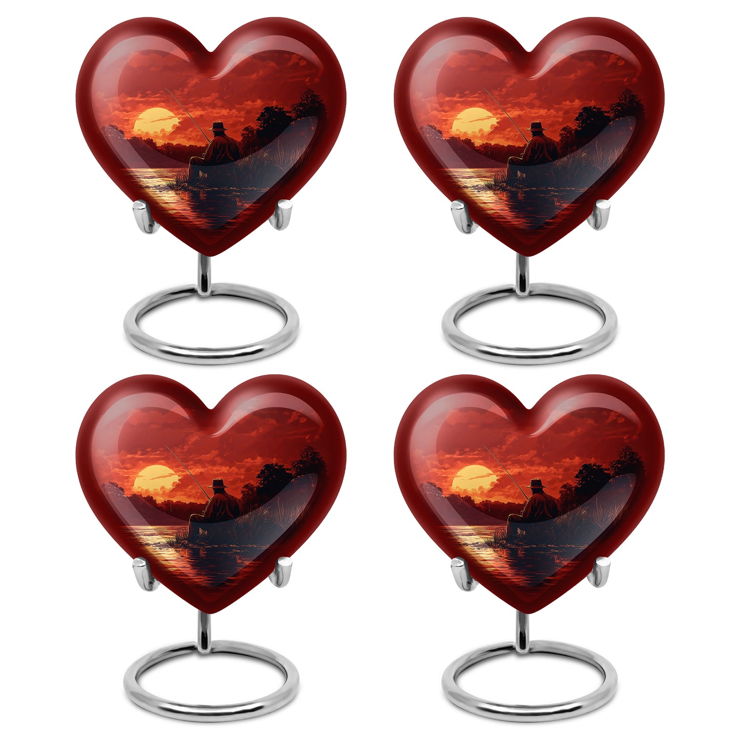 Ruby Red Fishing Cremation Urn angled view of lid and engraved motif - romantic heart urn with fishing motif on aluminum - 10 inch aluminum urn for cremated remains