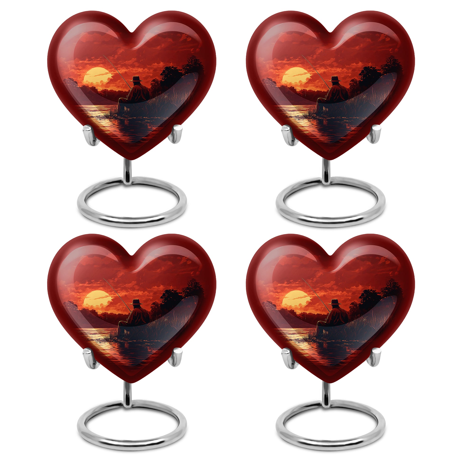 Ruby Red Fishing Cremation Urn angled view of lid and engraved motif - romantic heart urn with fishing motif on aluminum - 10 inch aluminum urn for cremated remains