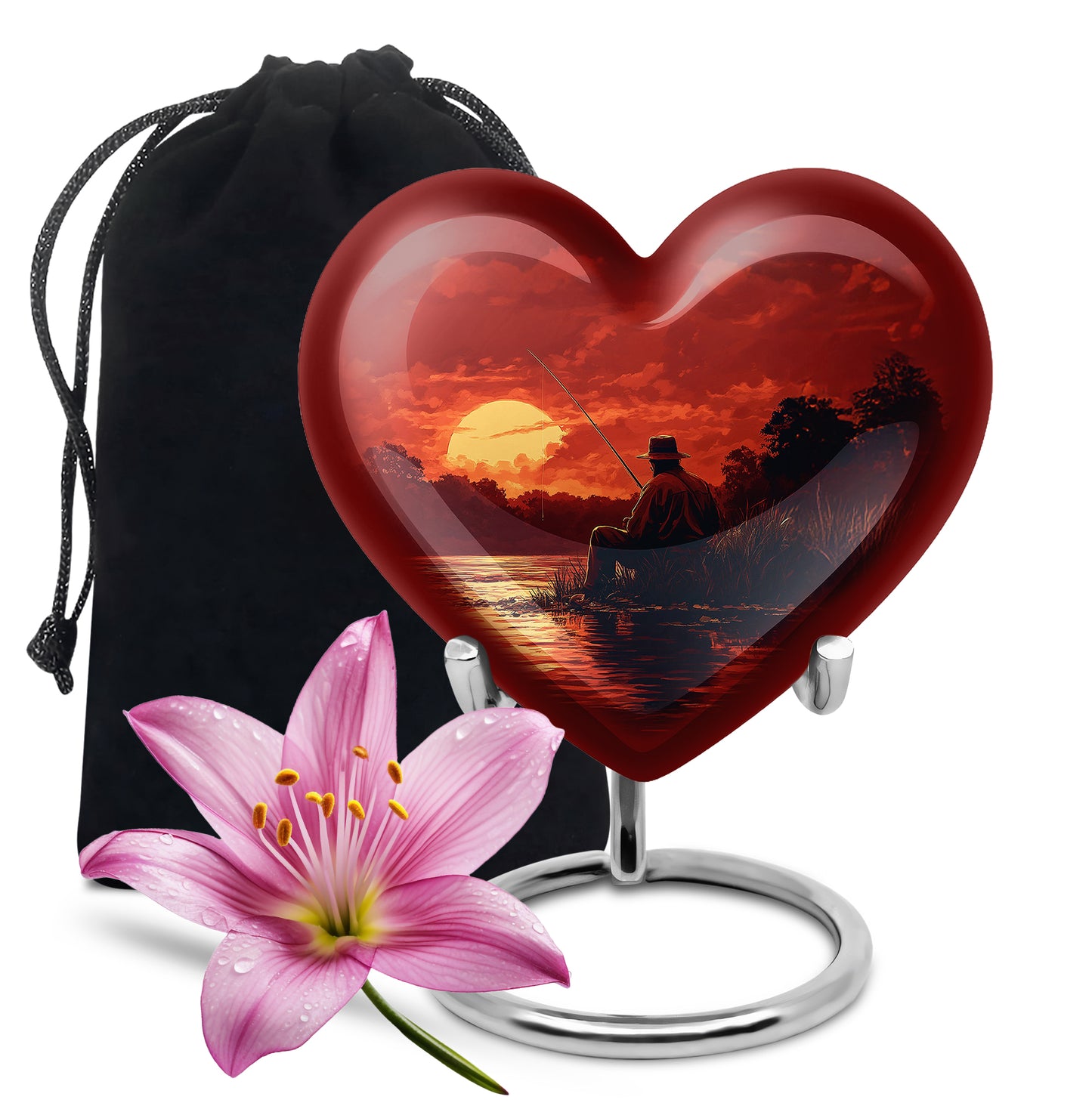 Wine Red Fishing Cremation Urn detail view - heart-shaped fishing design symbolizing eternal love - full-size 10 inch 200 cubic inch adult cremation urn