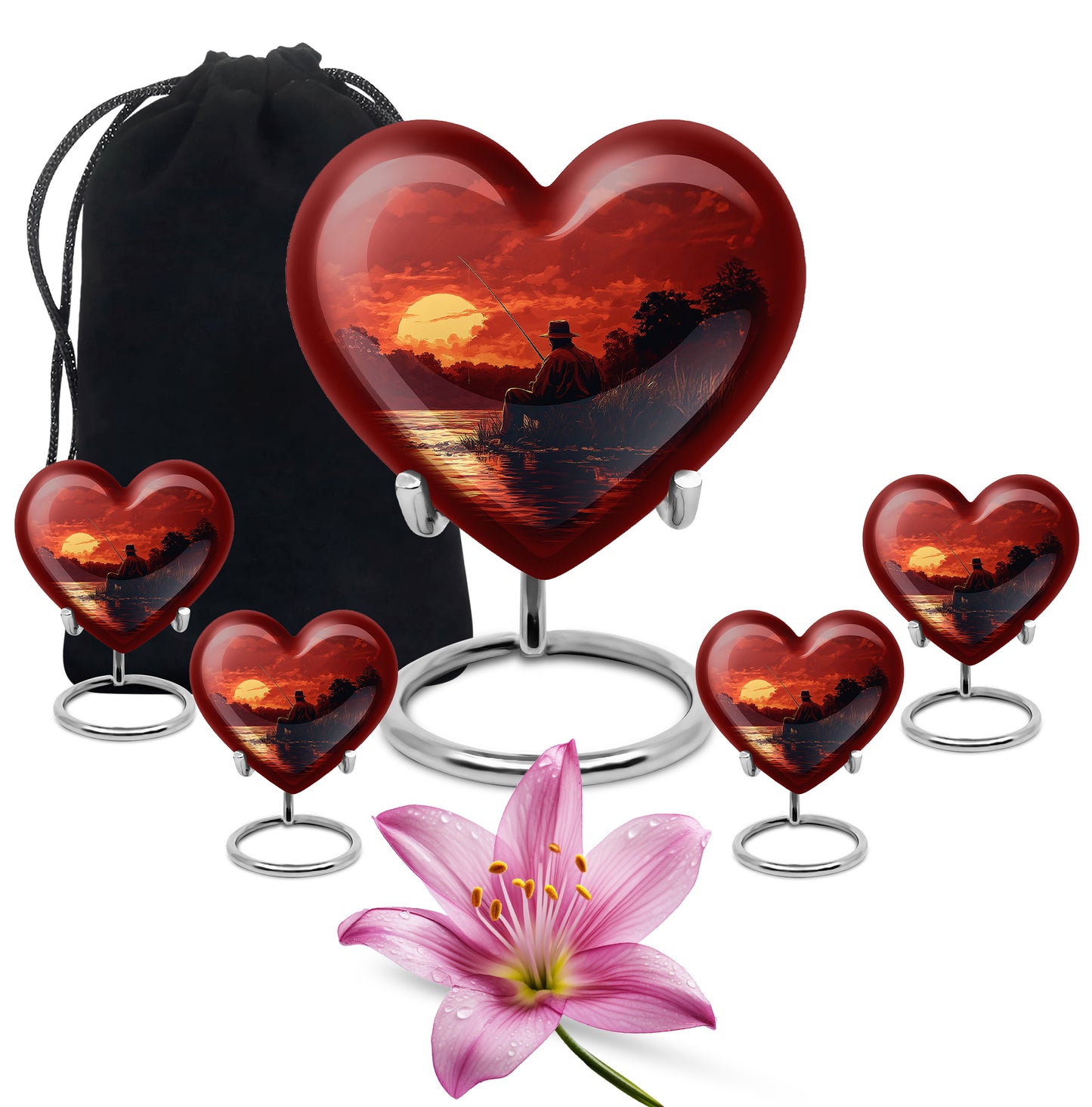 Rich Red Fishing Cremation Urn close-up of engraving and surface detail - romantic heart urn with fishing motif on aluminum - memorial set with one large and four small urns