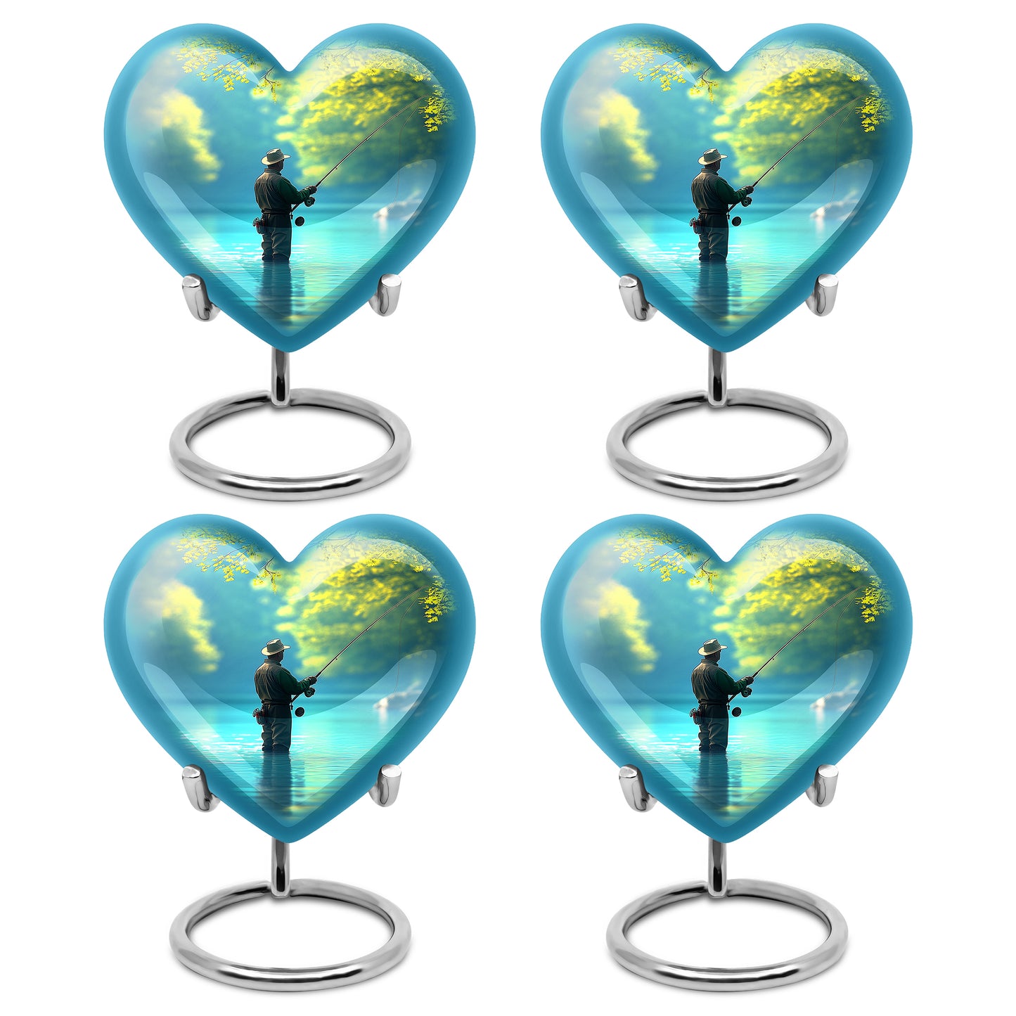 Cool Teal Fishing Cremation Urn angled view of lid and engraved motif - heart-shaped fishing design symbolizing eternal love - 10 inch aluminum urn for cremated remains