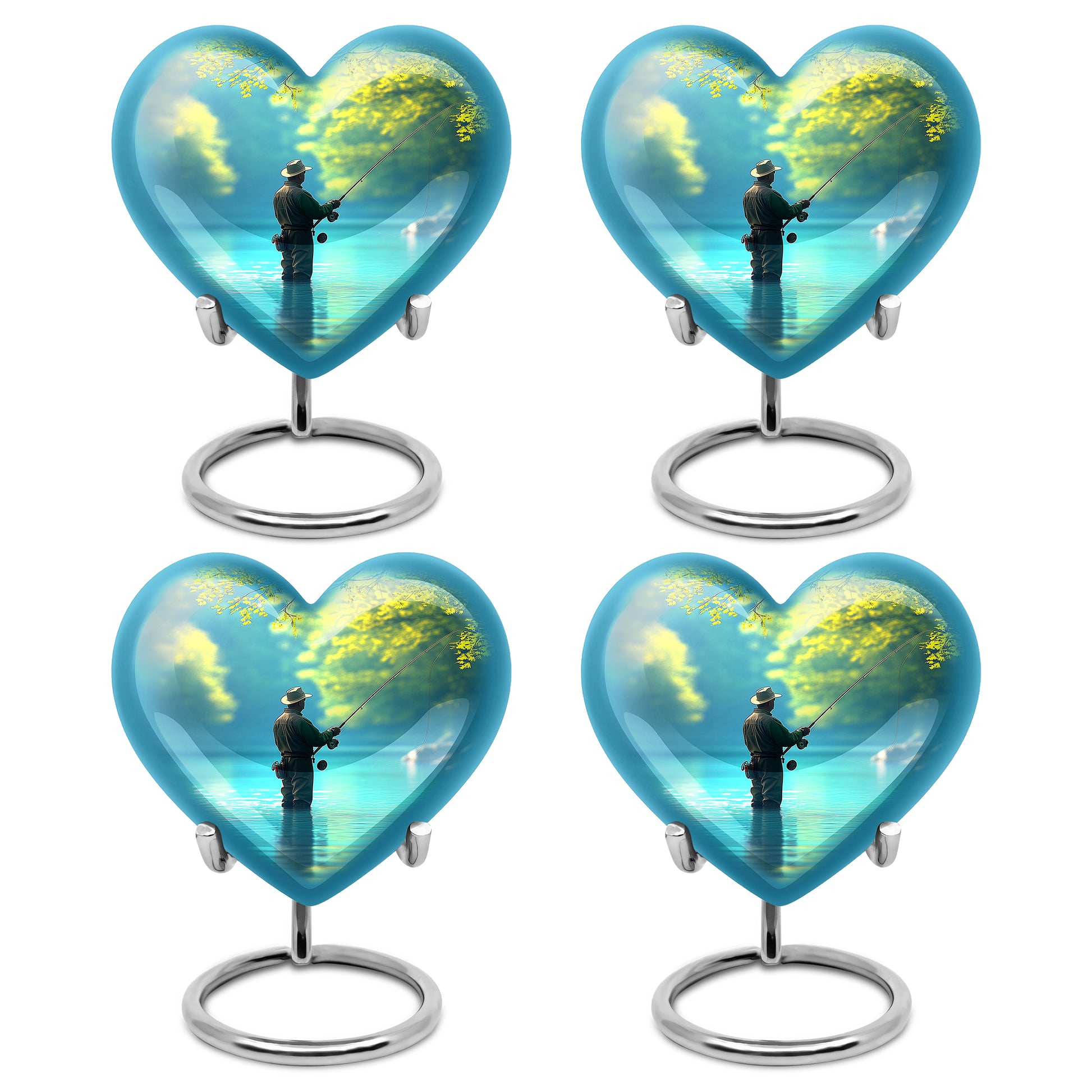 Cool Teal Fishing Cremation Urn angled view of lid and engraved motif - heart-shaped fishing design symbolizing eternal love - 10 inch aluminum urn for cremated remains
