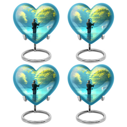Cool Teal Fishing Cremation Urn angled view of lid and engraved motif - heart-shaped fishing design symbolizing eternal love - 10 inch aluminum urn for cremated remains