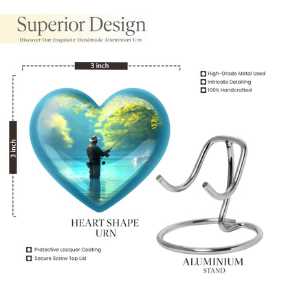 Ocean Teal Fishing Cremation Urn front view showing detailed design - heart-shaped fishing design symbolizing eternal love - mini keepsake memorial for portion of cremation ashes