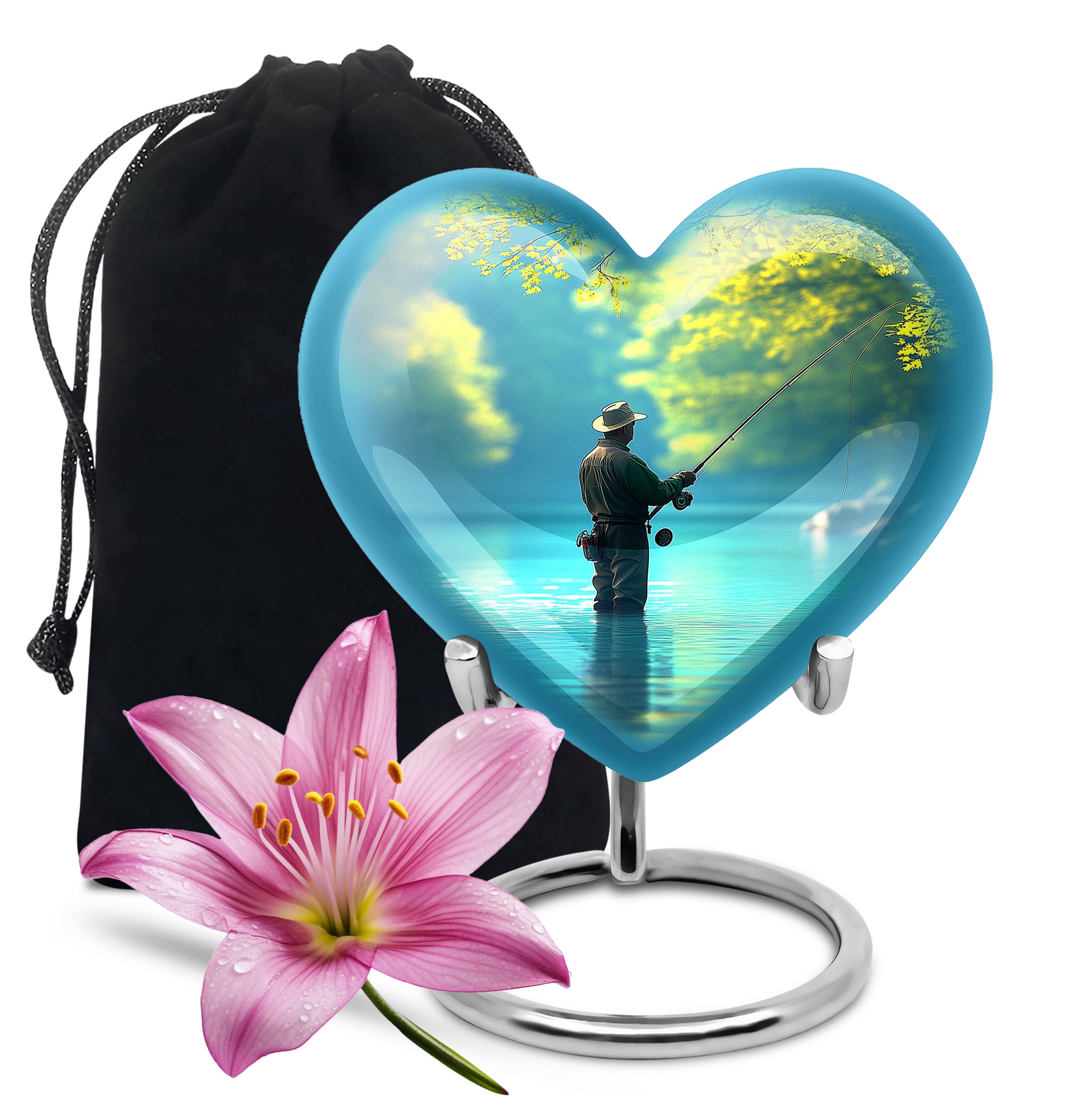 Mystic Teal Fishing Cremation Urn detail view - romantic heart urn with fishing motif on aluminum - full-size 10 inch 200 cubic inch adult cremation urn