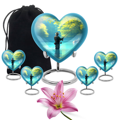 Cool Teal Fishing Cremation Urn close-up of engraving and surface detail - heart-shaped fishing design symbolizing eternal love - memorial set with one large and four small urns
