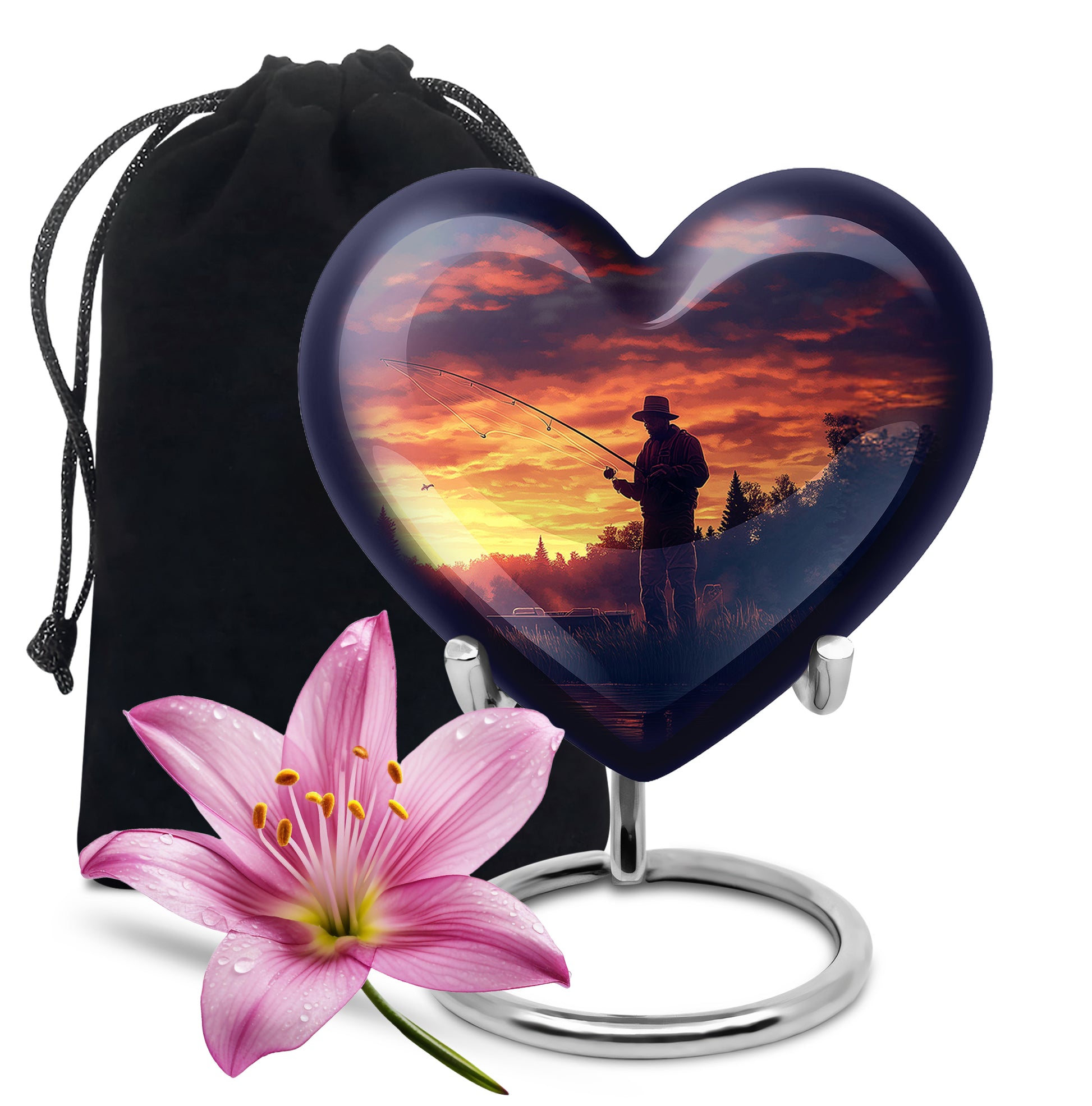 Amethyst Purple Fishing Cremation Urn detail view - loving heart memorial featuring fishing pattern - full-size 10 inch 200 cubic inch adult cremation urn