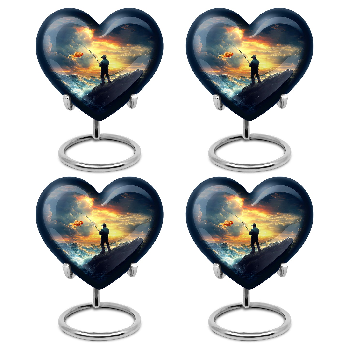 Misty Blue Fishing Cremation Urn angled view of lid and engraved motif - heart-shaped fishing design symbolizing eternal love - 10 inch aluminum urn for cremated remains