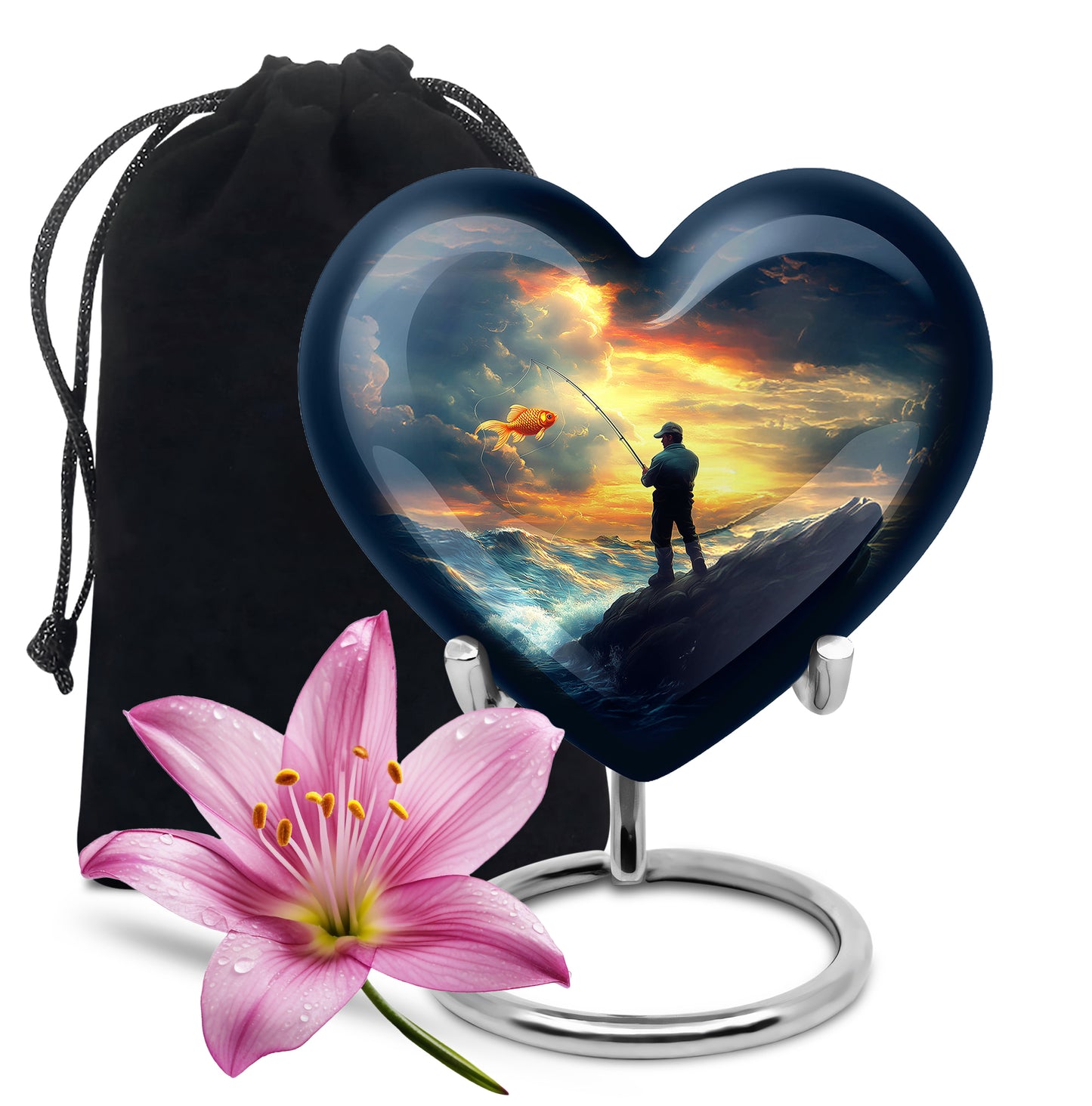 Powder Blue Fishing Cremation Urn detail view - heart-shaped fishing design symbolizing eternal love - full-size 10 inch 200 cubic inch adult cremation urn