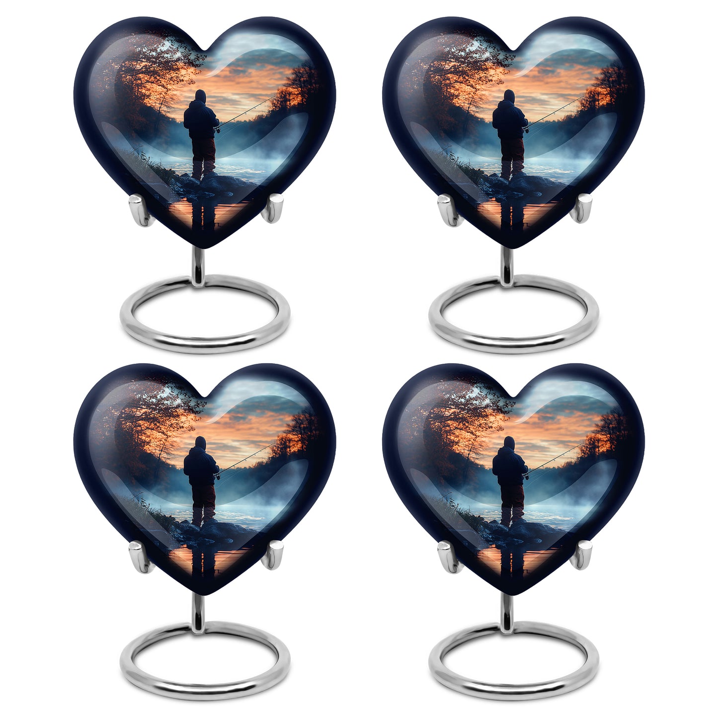 Vivid Blue Fishing Cremation Urn angled view of lid and engraved motif - romantic heart urn with fishing motif on aluminum - 10 inch aluminum urn for cremated remains