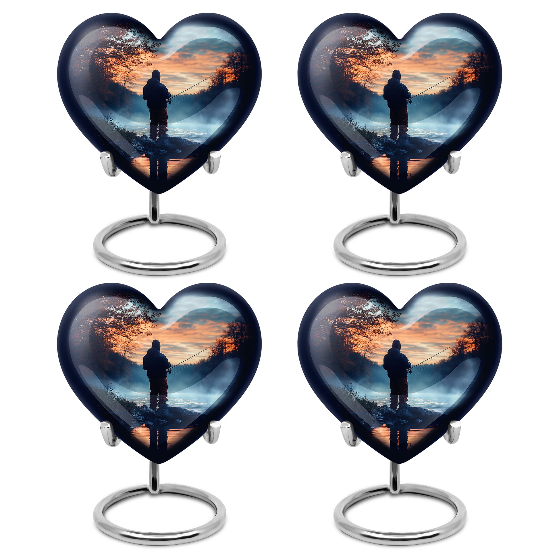 Vivid Blue Fishing Cremation Urn angled view of lid and engraved motif - romantic heart urn with fishing motif on aluminum - 10 inch aluminum urn for cremated remains